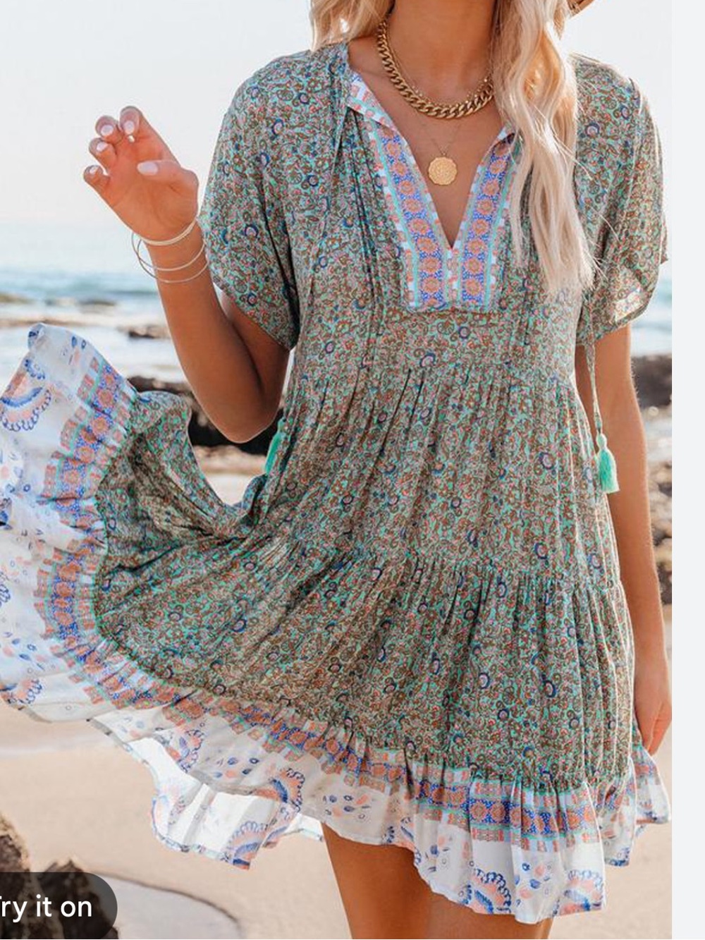 ❤️ Vici Boho Paisley Border Print Mini Peasant Mini Dress - Picture 8 of 8